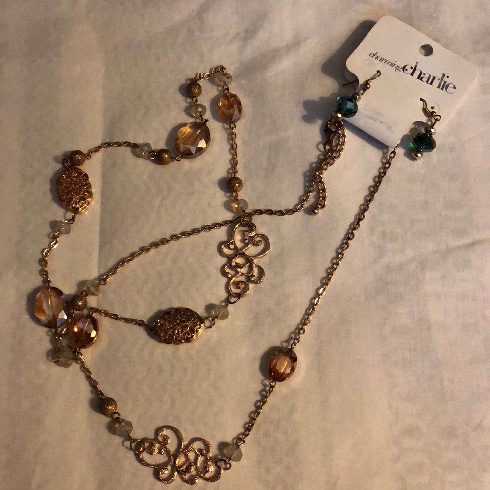 Gold long necklace and earrings